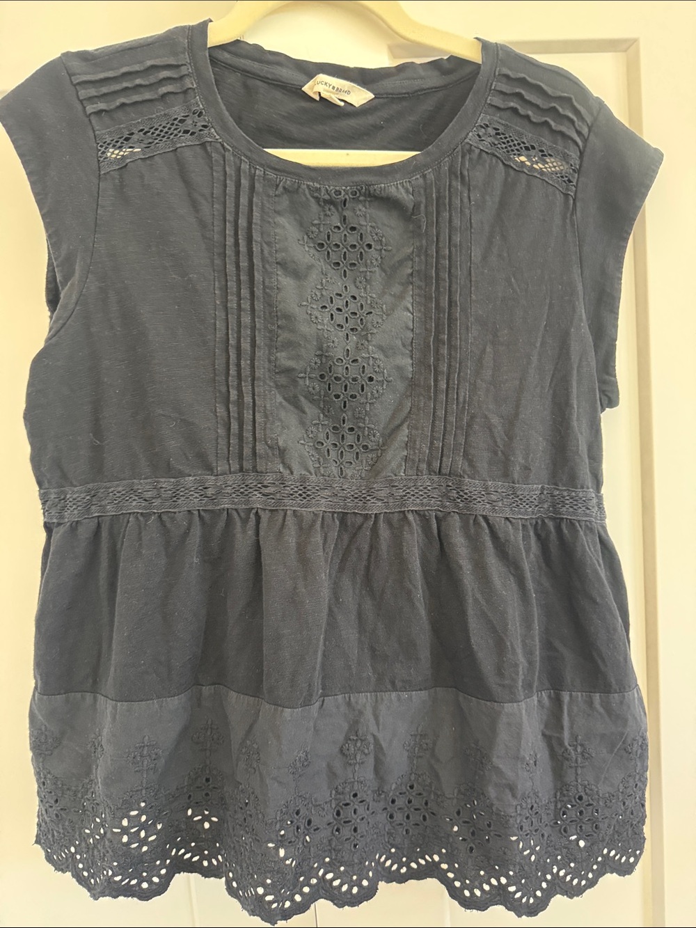 Lucky Brand Navy Eyelet Pintuck Peplum Top
